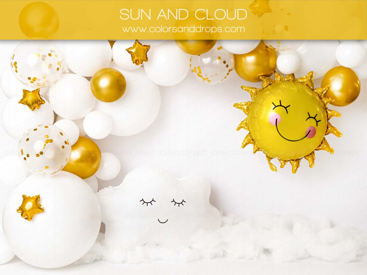 Fondo fotográfico de bebé y smash cake Sun and Cloud – globos blancos y dorados con sol y nube sonrientes | Colors&Drops