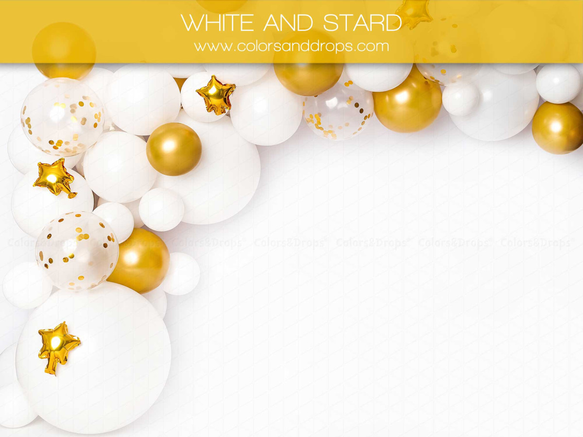 Fondo fotográfico de bebé y smash cake White and Stars – guirnalda de globos blancos y dorados con estrellas | Colors&Drops