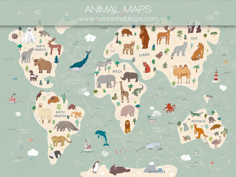 Fondo fotográfico escolar Animal Maps – mapa del mundo ilustrado con animales | Colors&Drops