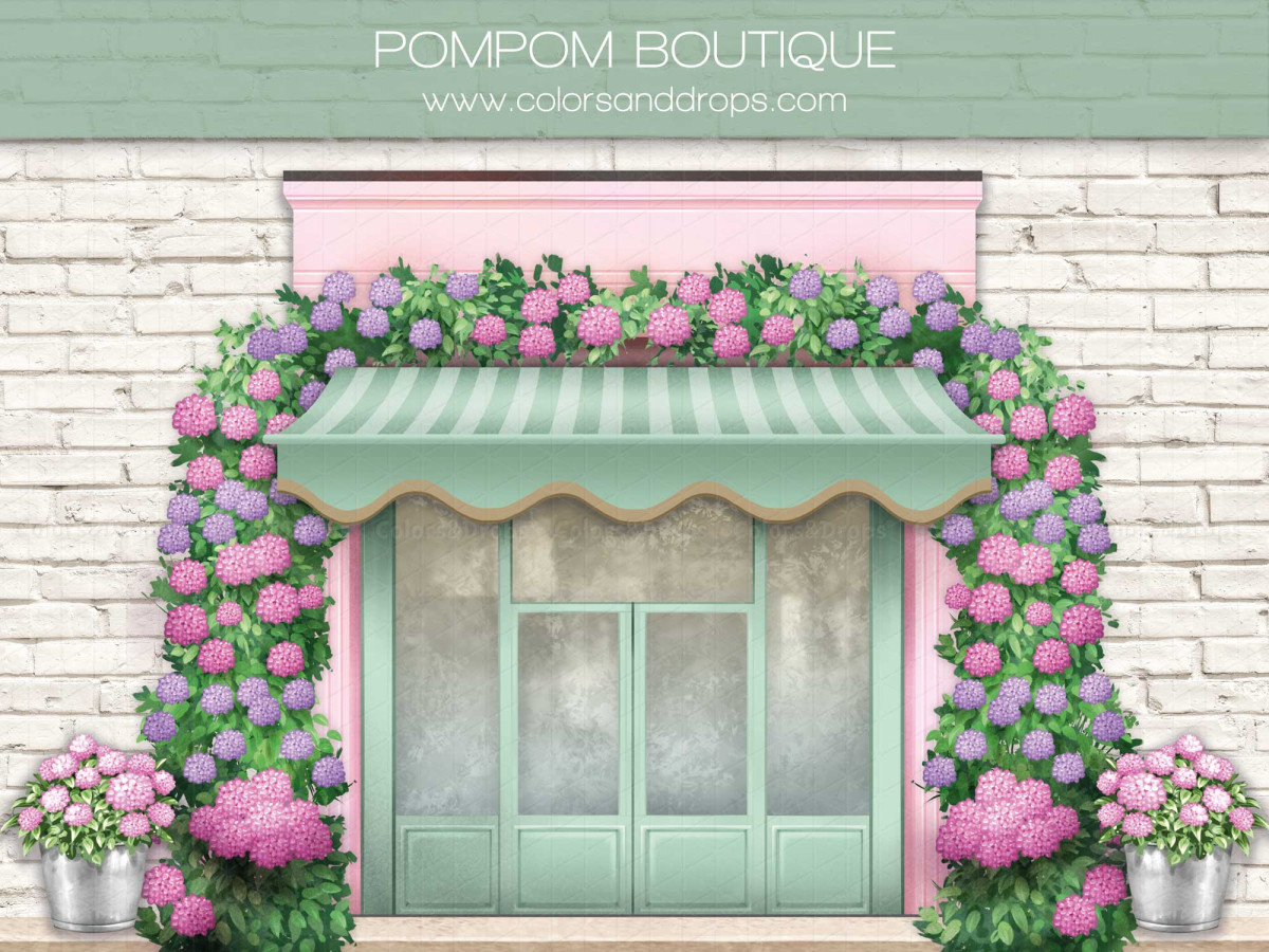 Fond photo bébé et smash cake Pompom Boutique – façade de boutique vert menthe avec arche d'hortensias | Colors&Drops