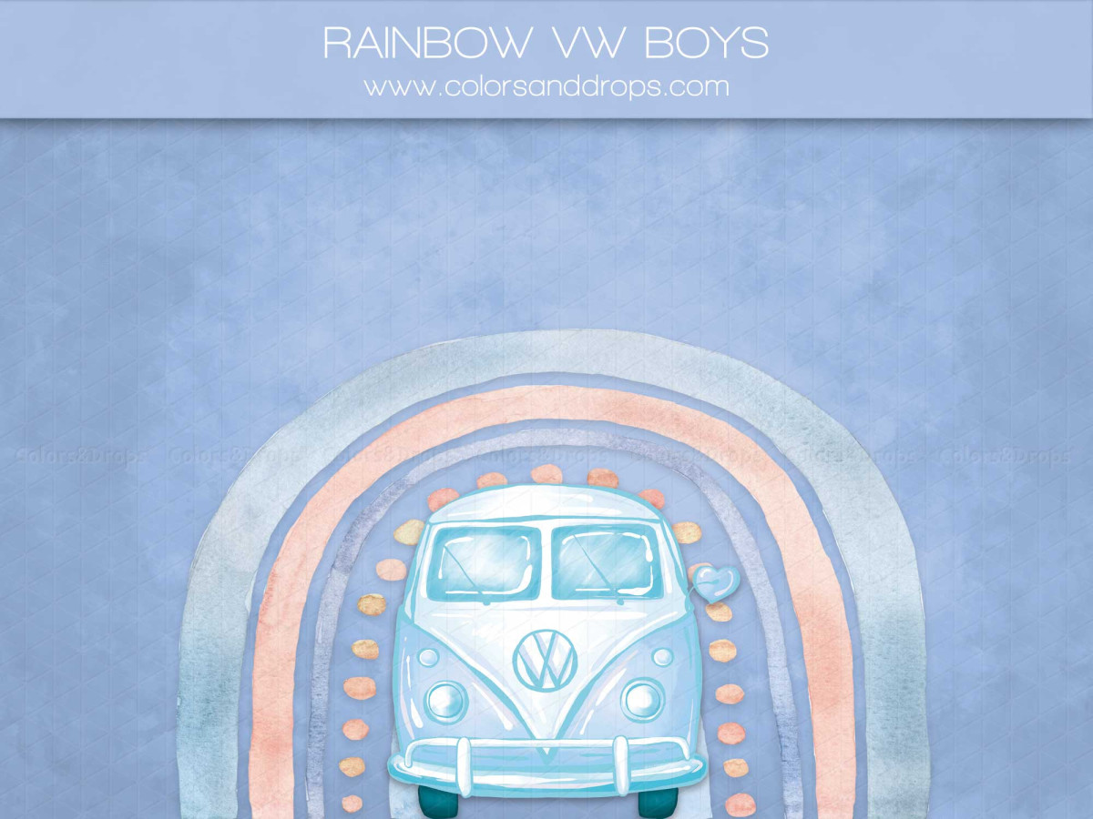 Baby & cake smash photo backdrop Rainbow Vw Boys – blue vintage van in front of rainbow on blue wall | Colors&Drops