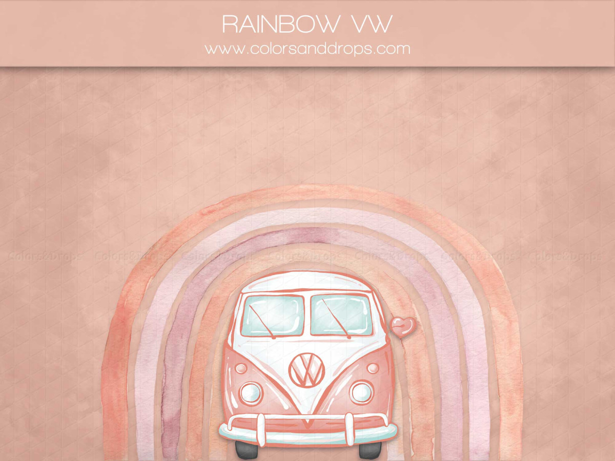 Baby & cake smash photo backdrop Rainbow Vw – pink vintage van in front of rainbow on pink wall | Colors&Drops