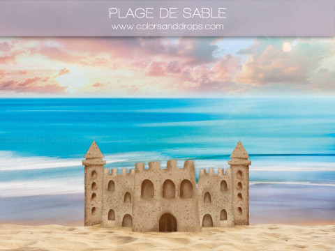 Fondo fotográfico de bebé y smash cake Plage de Sable – castillo de arena en la playa al atardecer | Colors&Drops