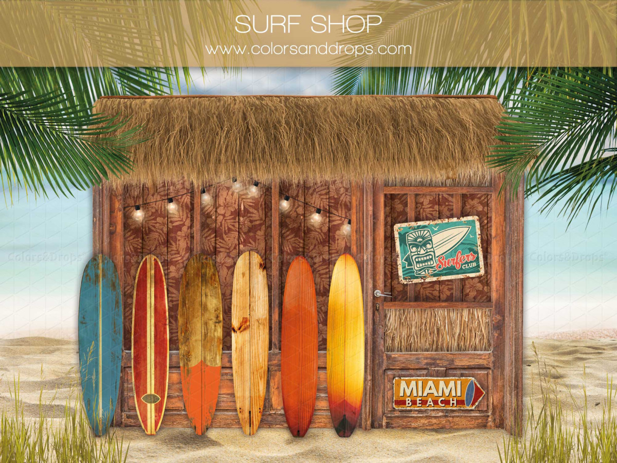 Baby & cake smash photo backdrop Surf Shop – thatched surf shack with surfboards | Colors&Drops