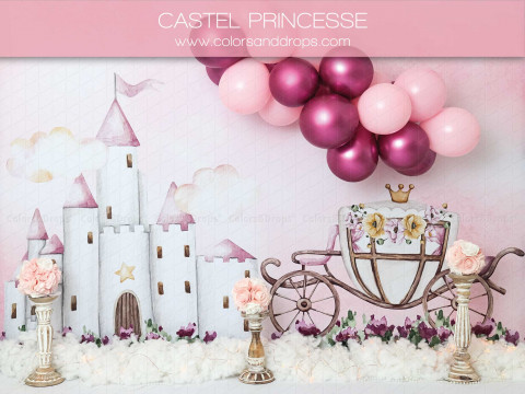 Baby & cake smash photo backdrop Castel Princesse – white princess castle with carriage and balloons | Colors&Drops