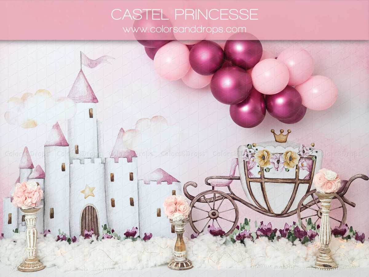 Fondo fotográfico de bebé y smash cake Castel Princesse – castillo de princesa blanco con carroza y globos | Colors&Drops