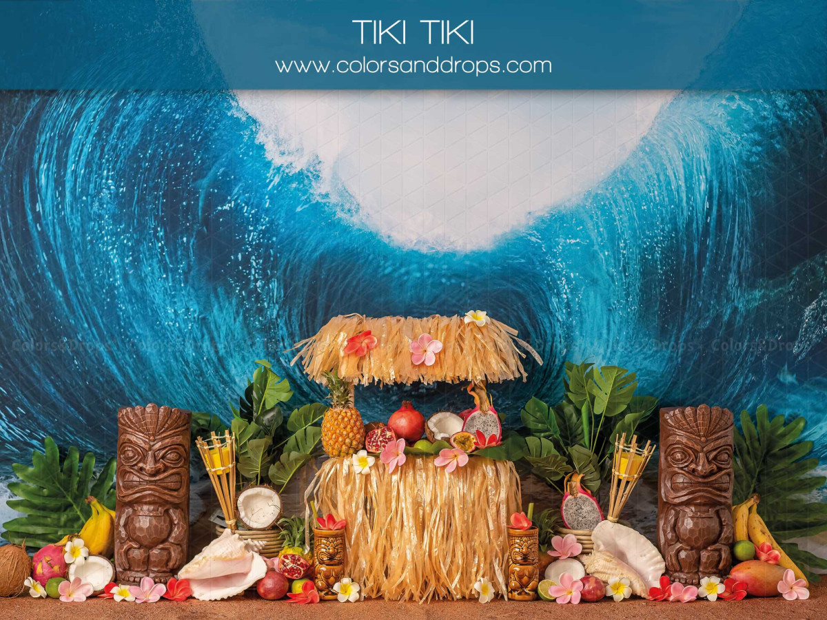 Fond photo bébé et smash cake Tiki Tiki – vague géante avec bar tiki en paille et fruits | Colors&Drops