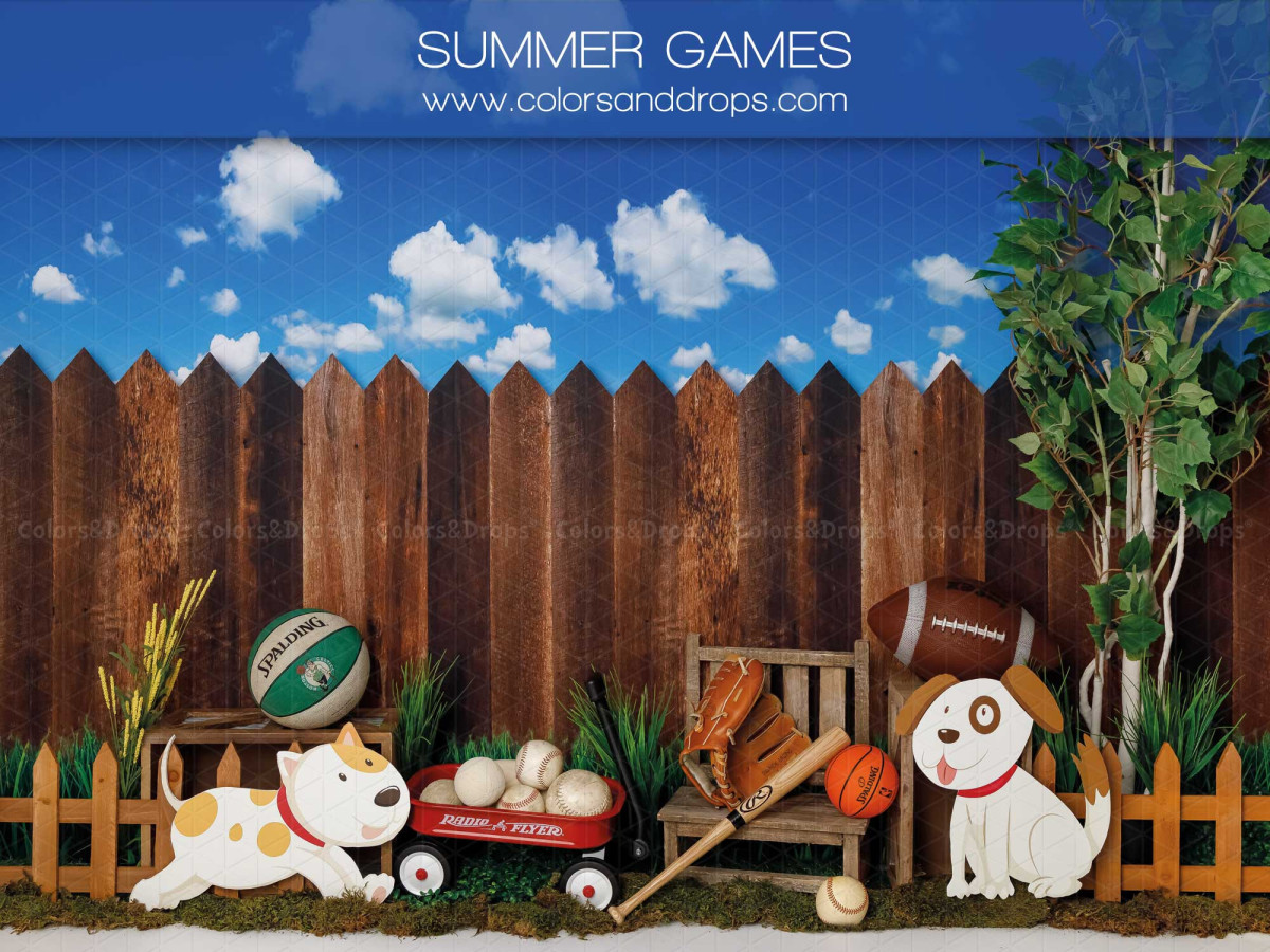 Fond photo bébé et smash cake Summer Games – palissade en bois avec chiens, ballons de sport et ciel | Colors&Drops