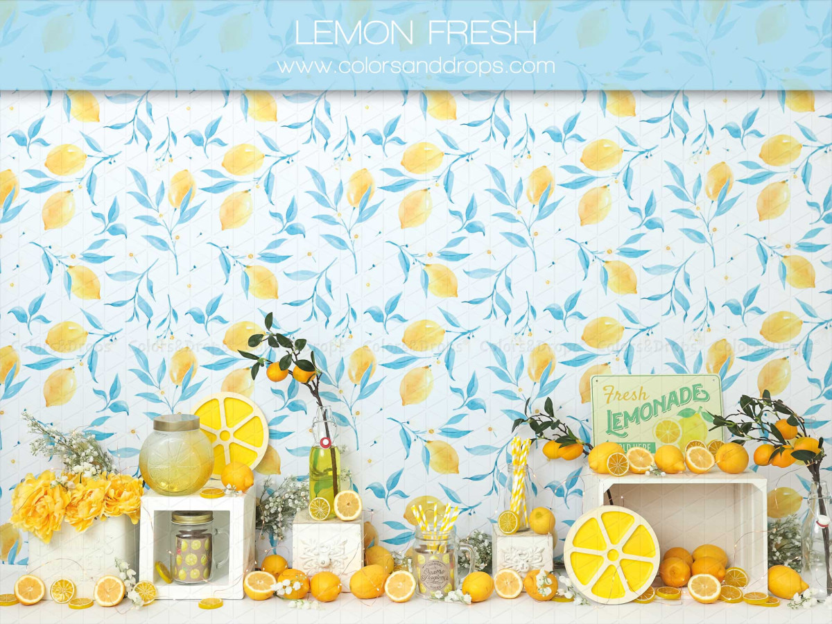 Fond photo bébé et smash cake Lemon Fresh – papier peint citrons avec stand de citronnade | Colors&Drops