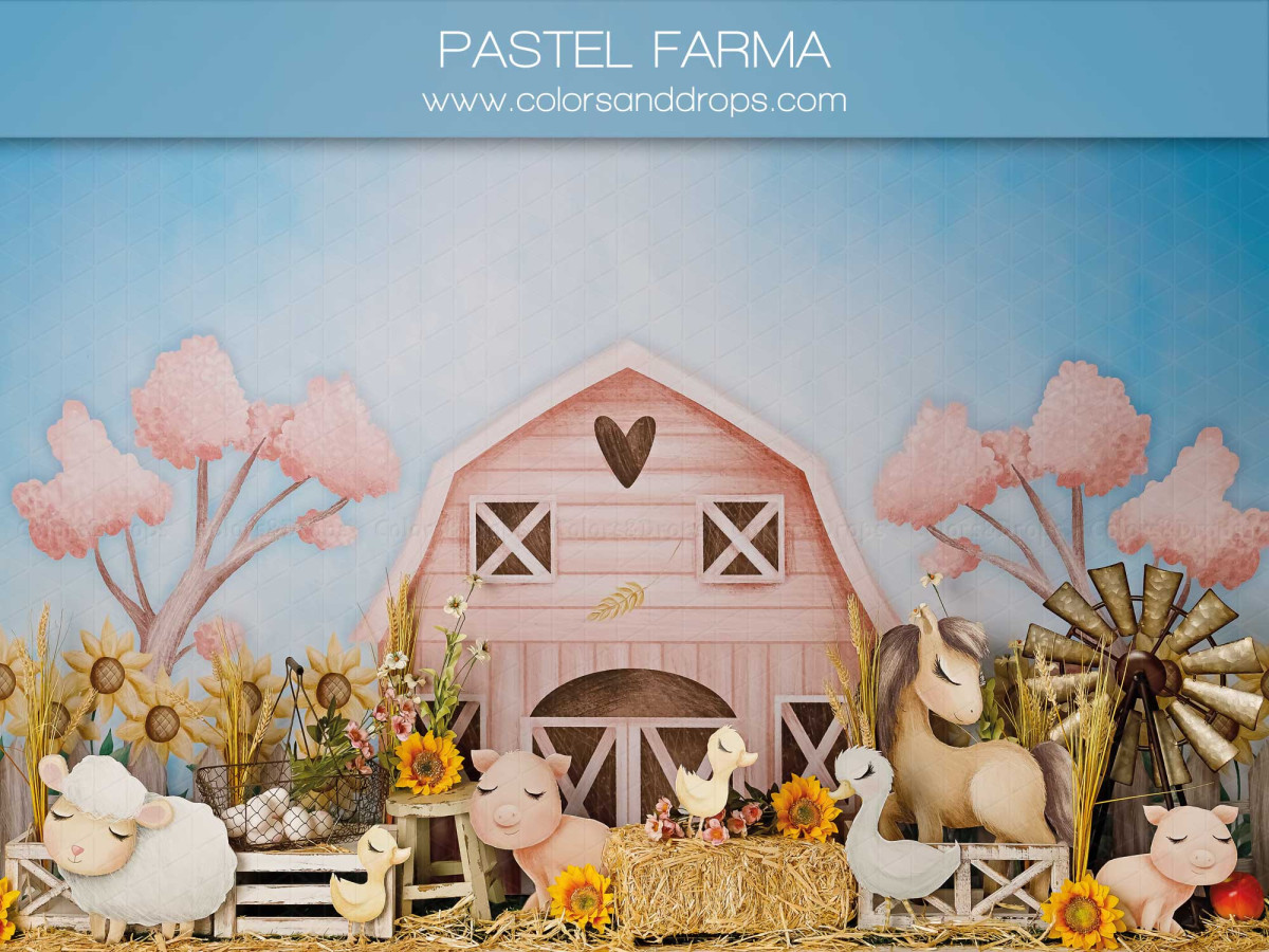 Fond photo bébé et smash cake Pastel Farma – ferme pastel avec grange rose et animaux en peluche | Colors&Drops