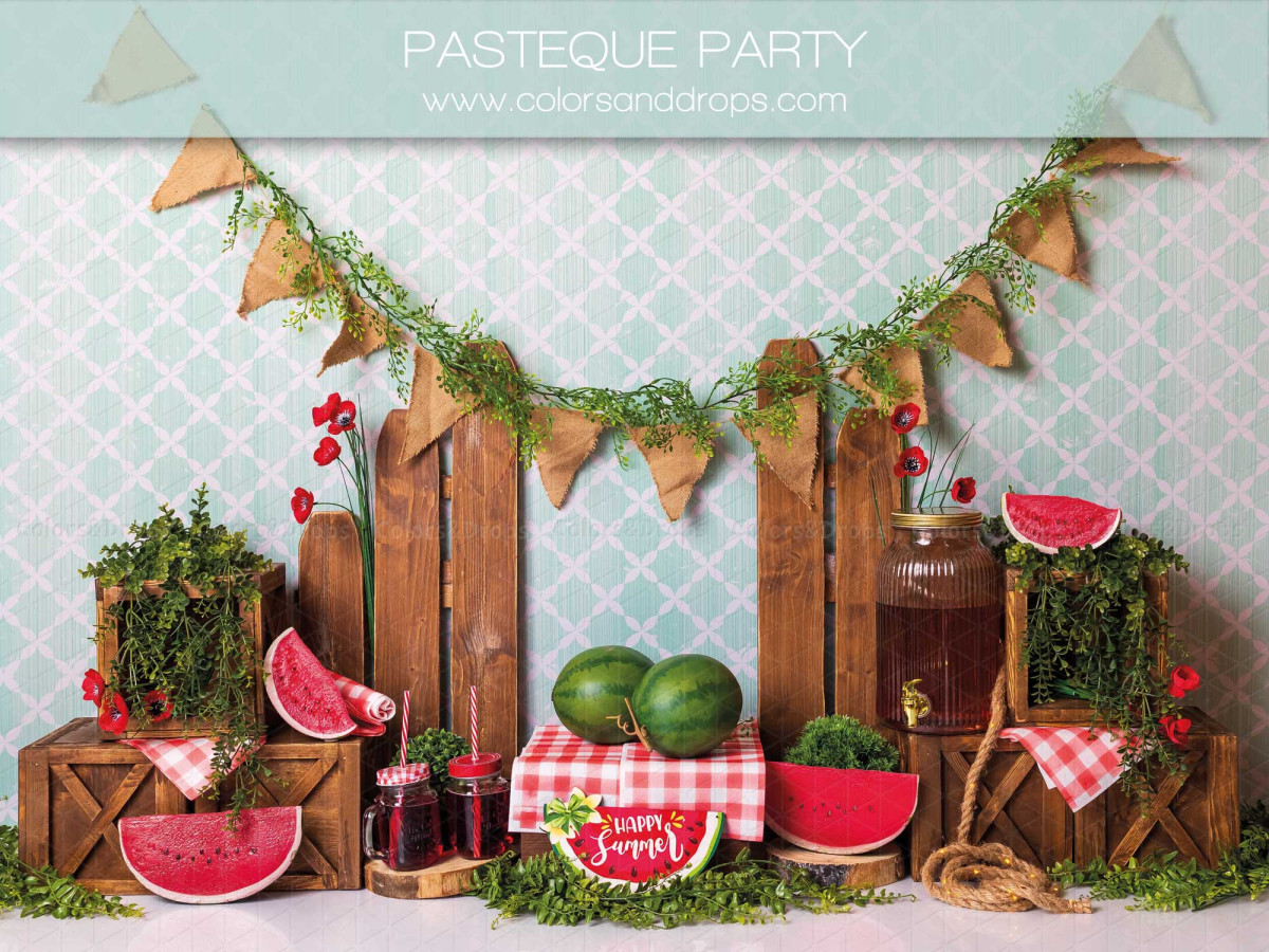 Fond photo bébé et smash cake Pasteque Party – décor pastèque avec fanions, caisses et nappe vichy | Colors&Drops