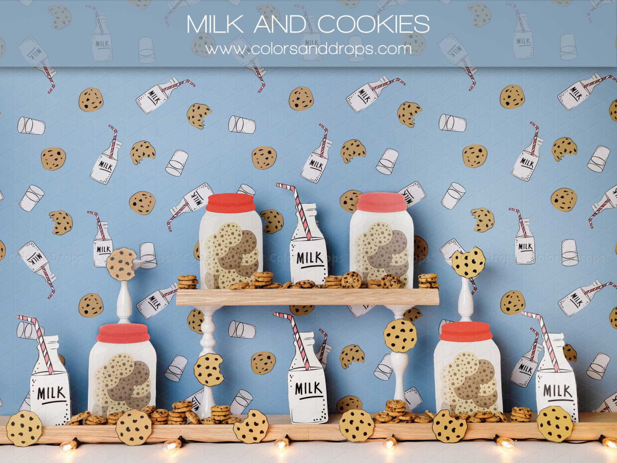 Fond photo bébé et smash cake Milk and Cookies – papier peint lait et cookies avec étagère de bouteilles | Colors&Drops