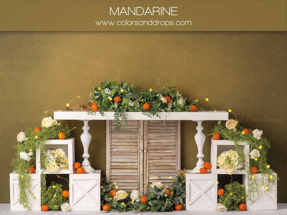 Baby & cake smash photo backdrop Mandarine – white console with shutters, oranges and foliage | Colors&Drops