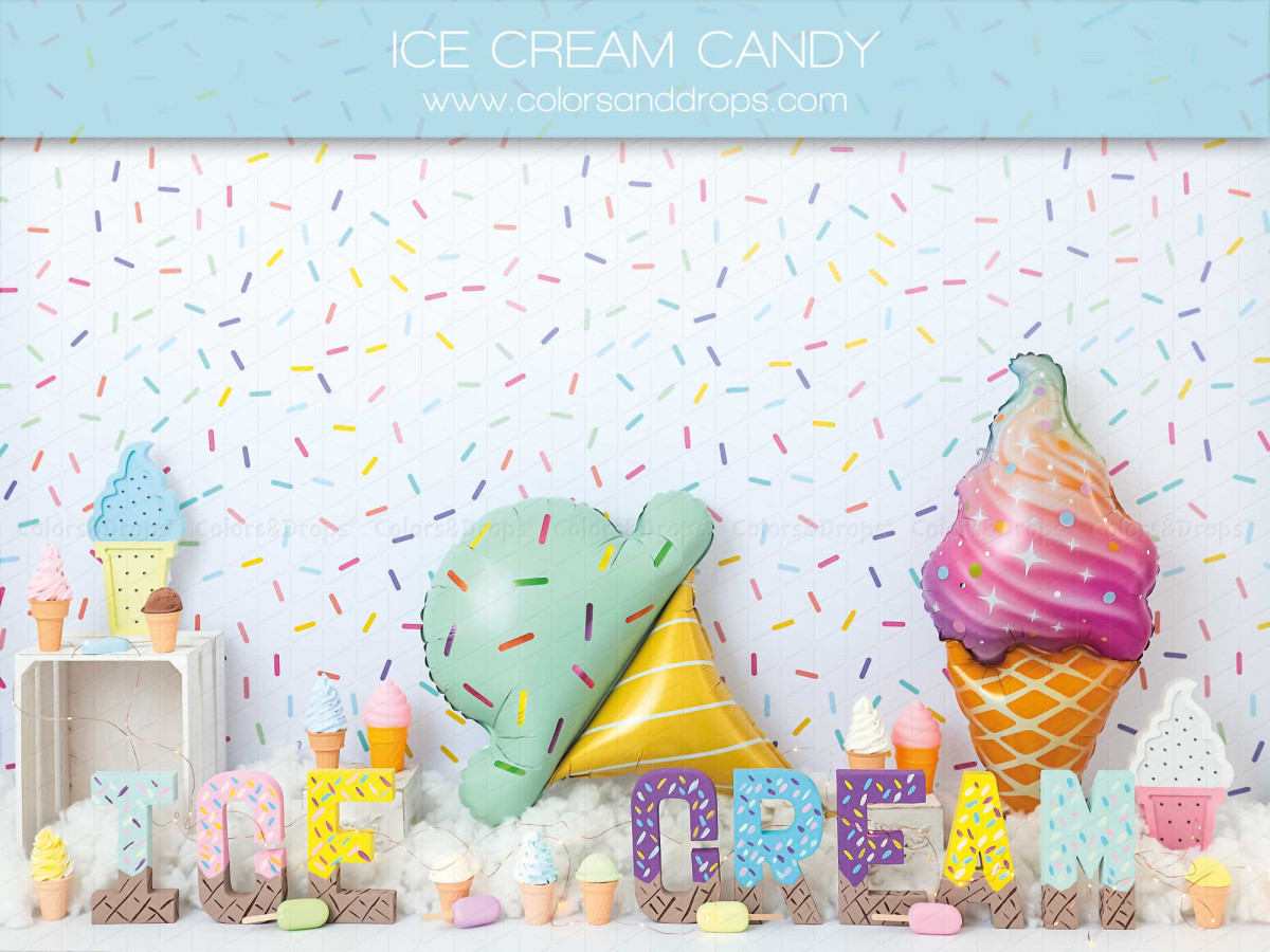 Fond photo bébé et smash cake Ice Cream Candy – mur à vermicelles avec glaces géantes et lettres | Colors&Drops