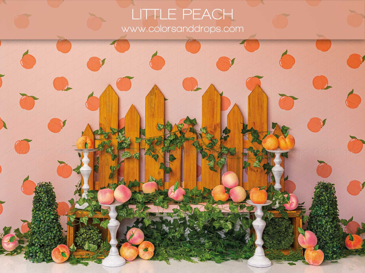Baby & cake smash photo backdrop Little Peach – peach wallpaper with wooden fence and foliage | Colors&Drops