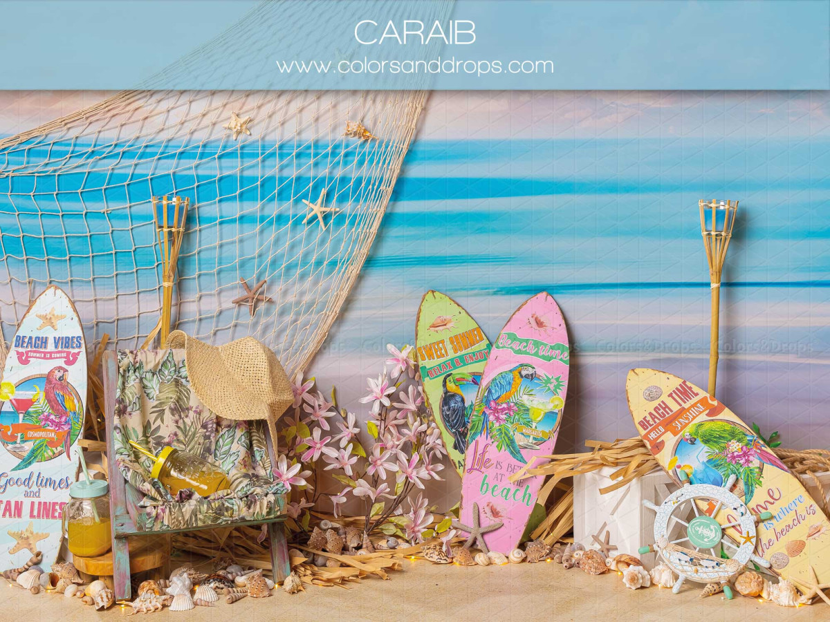 Baby & cake smash photo backdrop Caraib – caribbean beach with surfboards and net | Colors&Drops