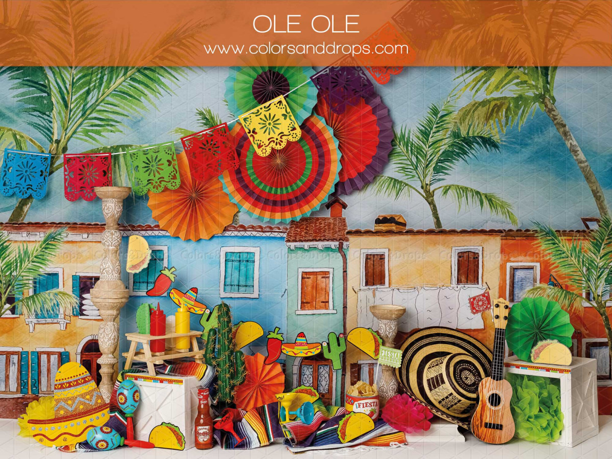 Baby & cake smash photo backdrop Ole Ole – colorful Mexican village with papel picado and sombreros | Colors&Drops