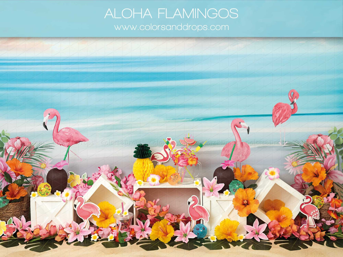 Fond photo bébé et smash cake Aloha Flamingos – plage avec flamants roses, ananas et fleurs | Colors&Drops