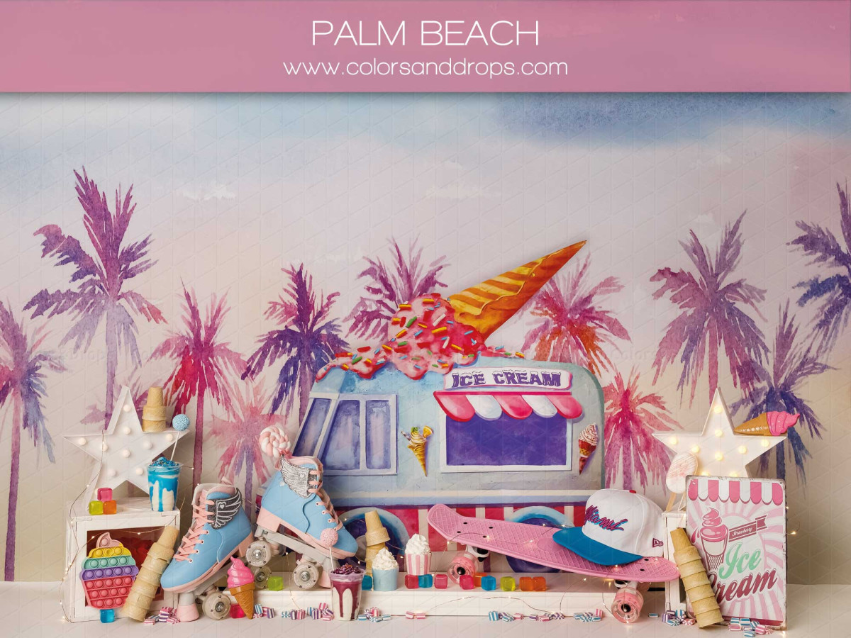 Fond photo bébé et smash cake Palm Beach – plage aux palmiers violets avec van et patins | Colors&Drops