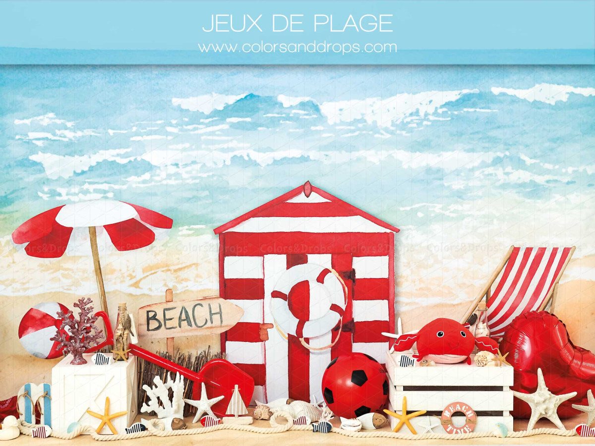 Baby & cake smash photo backdrop Jeux de Plage – beach with red striped hut, umbrella and floats | Colors&Drops