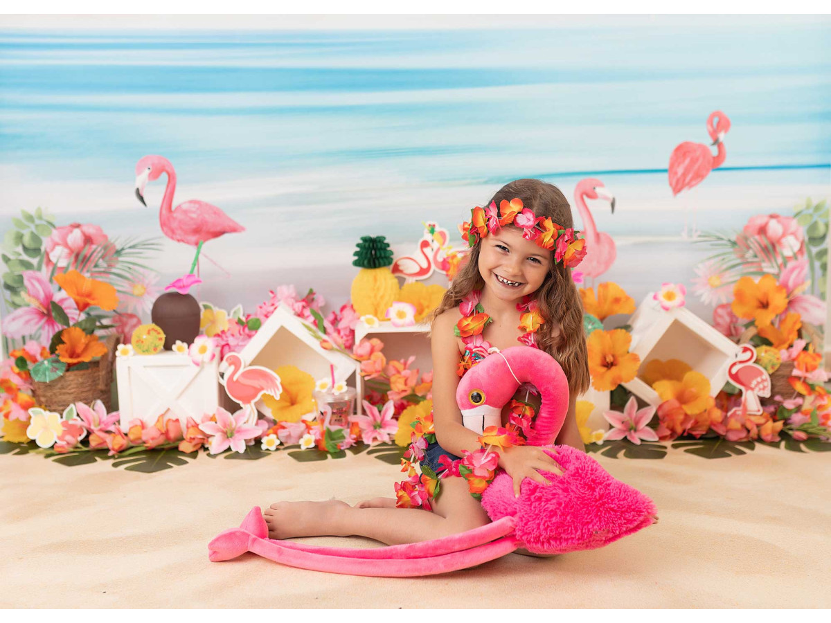 Fond photo bébé et smash cake Aloha Flamingos – plage avec flamants roses, ananas et fleurs | Colors&Drops