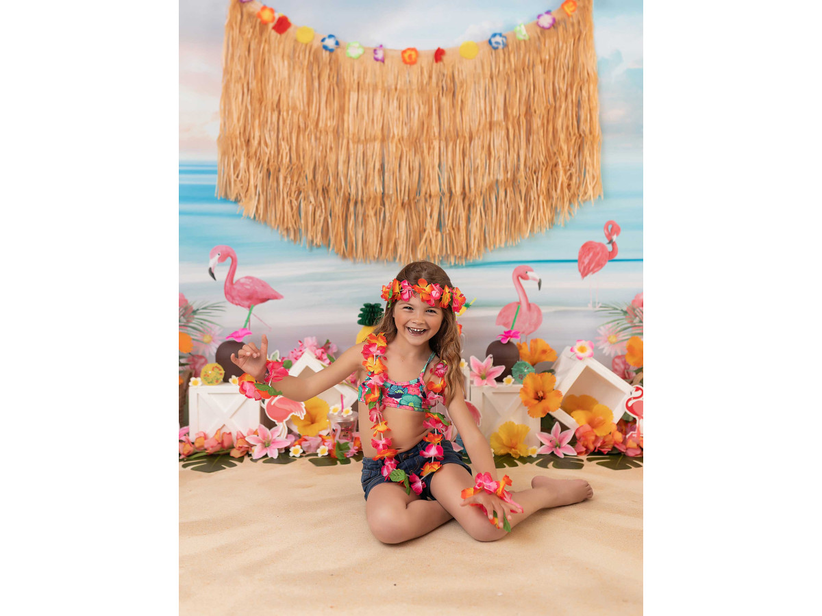 Fond photo bébé et smash cake Aloha Flamingos – plage avec flamants roses, ananas et fleurs | Colors&Drops