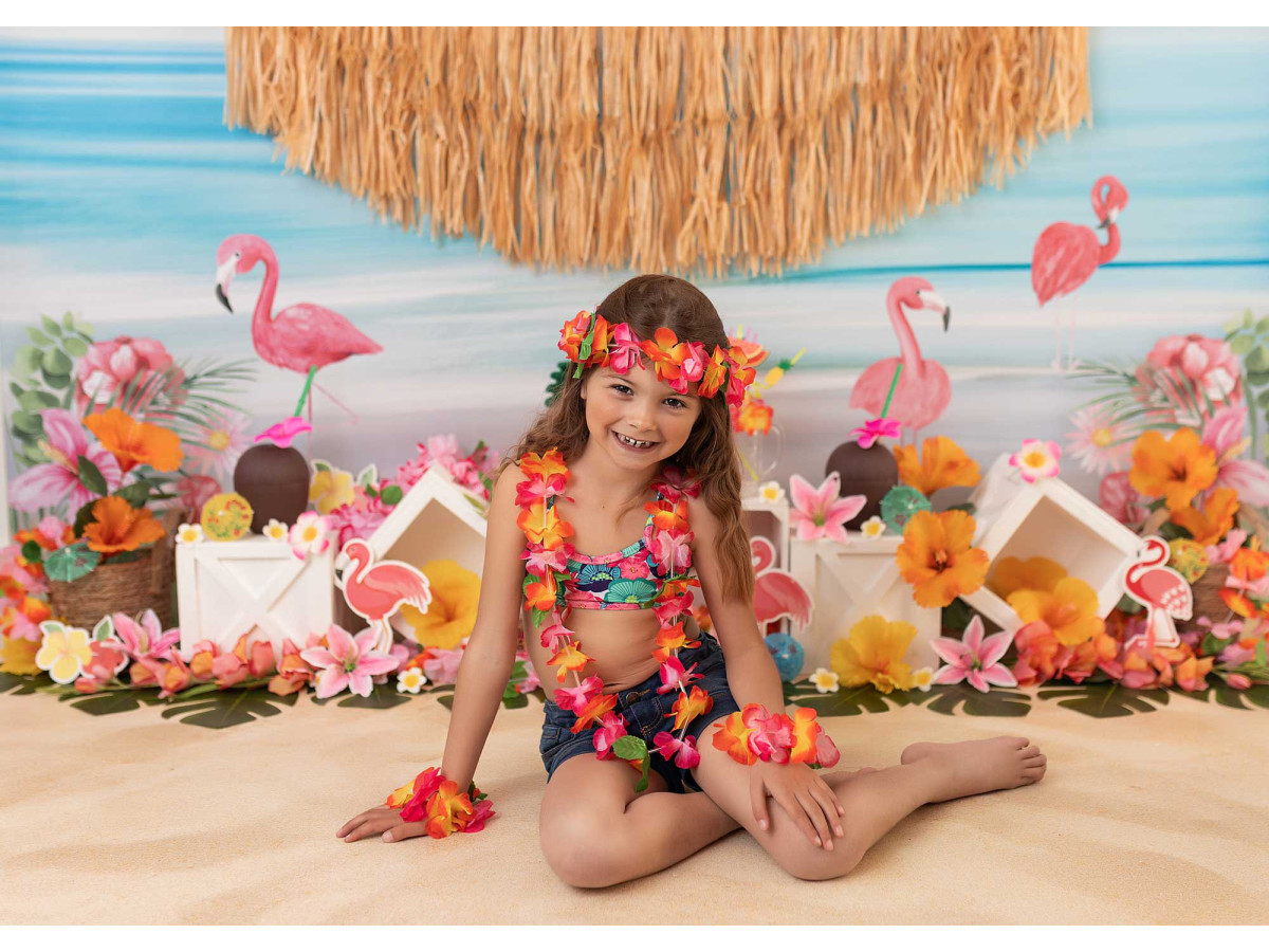 Fond photo bébé et smash cake Aloha Flamingos – plage avec flamants roses, ananas et fleurs | Colors&Drops