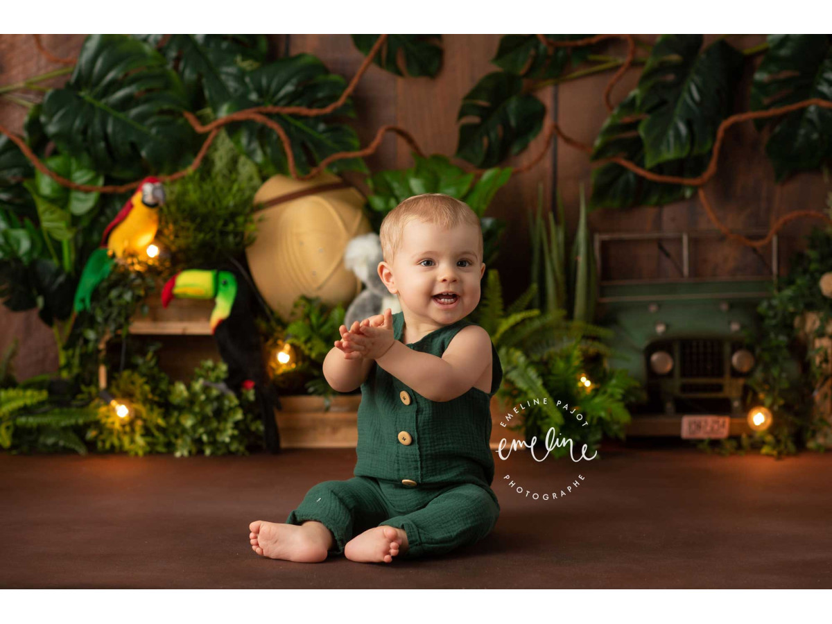 Fond photo bébé et smash cake New Explorator – mur en bois avec plantes tropicales, koala et jeep | Colors&Drops