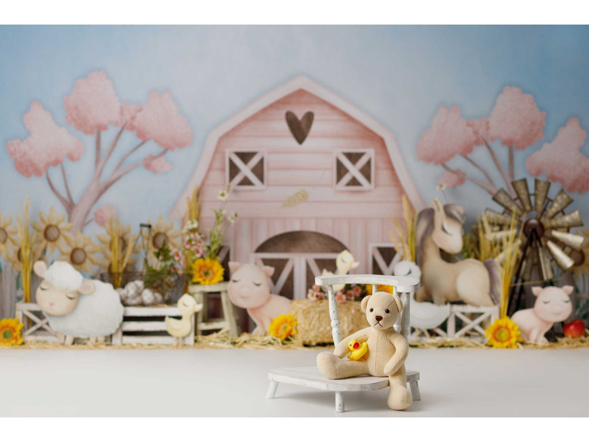 Fond photo bébé et smash cake Pastel Farma – ferme pastel avec grange rose et animaux en peluche | Colors&Drops