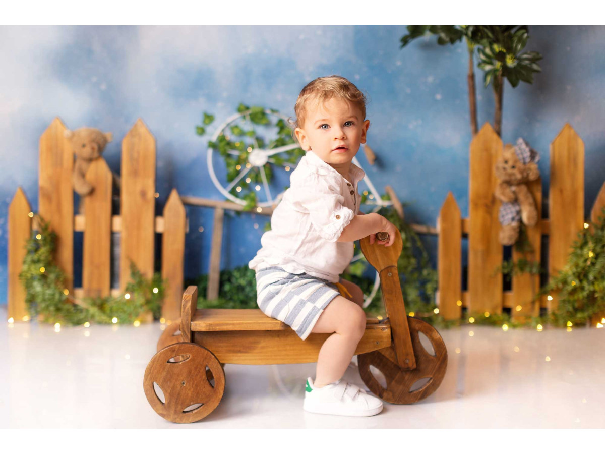 Fond photo bébé et smash cake Nounours Bike – clôture en bois avec ours en peluche et vélo | Colors&Drops