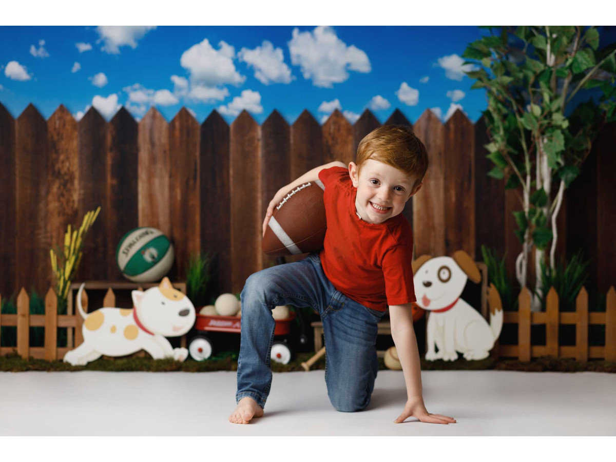 Fond photo bébé et smash cake Summer Games – palissade en bois avec chiens, ballons de sport et ciel | Colors&Drops