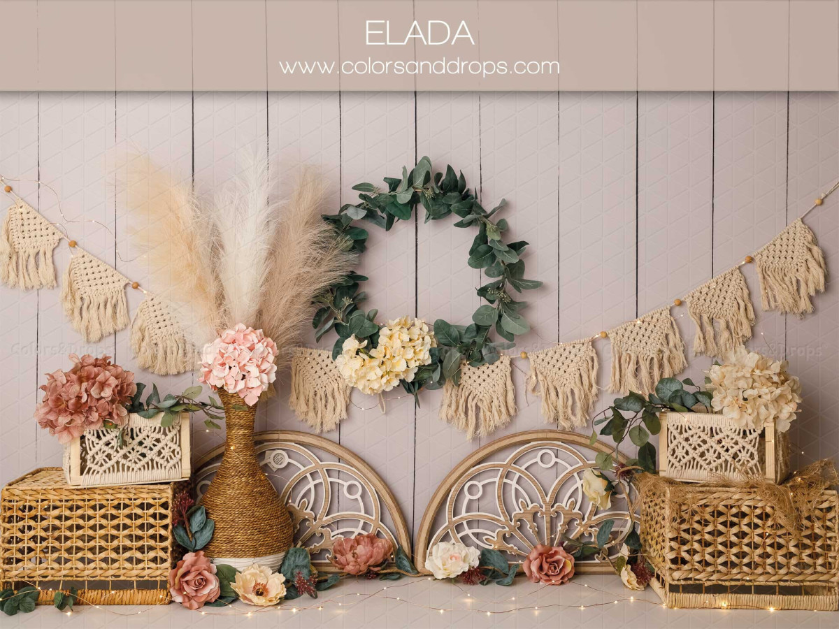 Fond photo bébé et smash cake Elada – mur en bois avec couronne, macramé et pampa | Colors&Drops