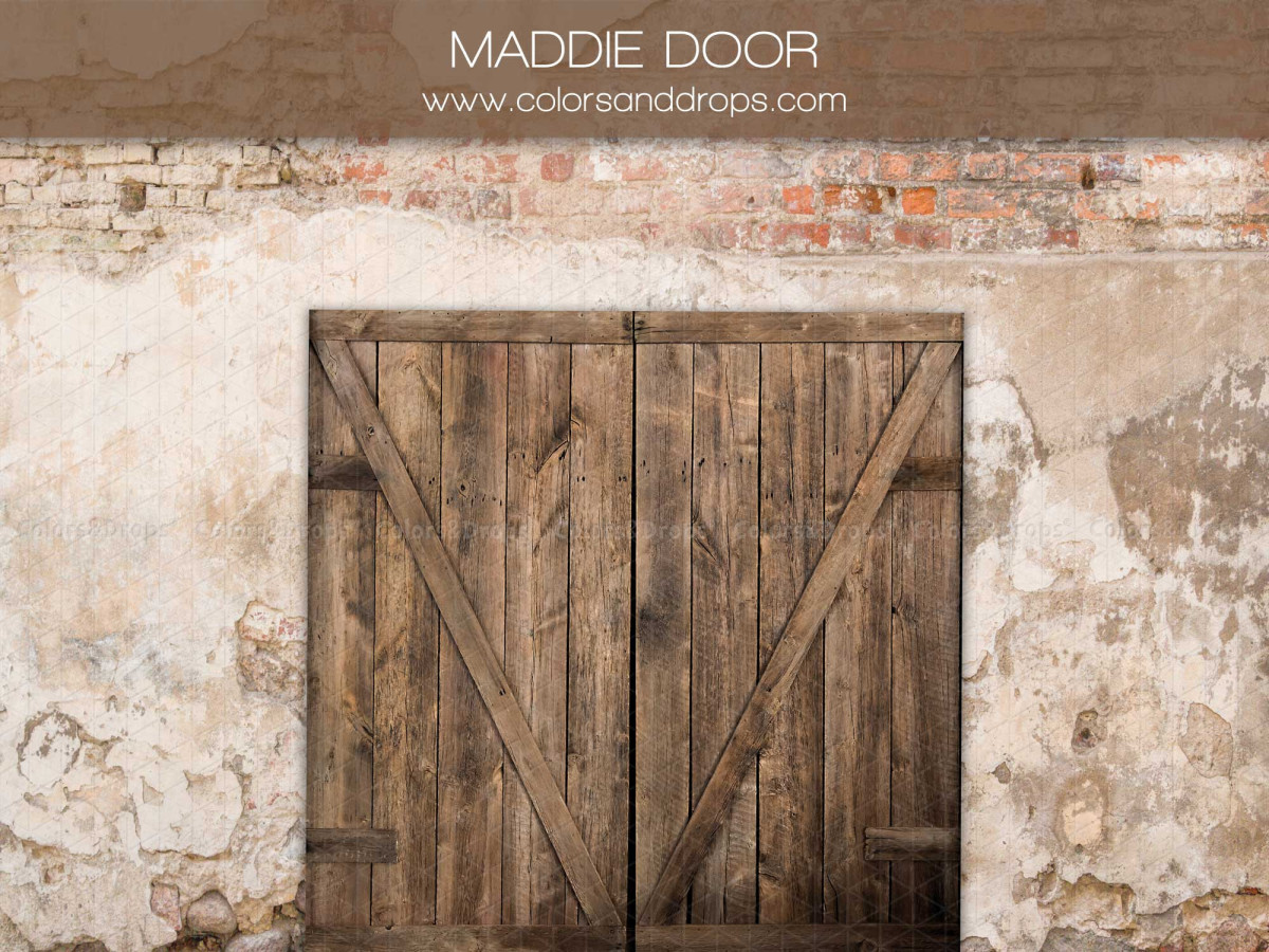 Fondo fotográfico Maddie Door – puerta de granero de madera en pared de ladrillo desconchada | Colors&Drops