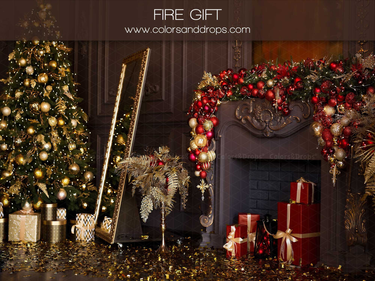 Christmas photo backdrop Fire Gift – black fireplace with gold tree, mirror and gifts | Colors&Drops