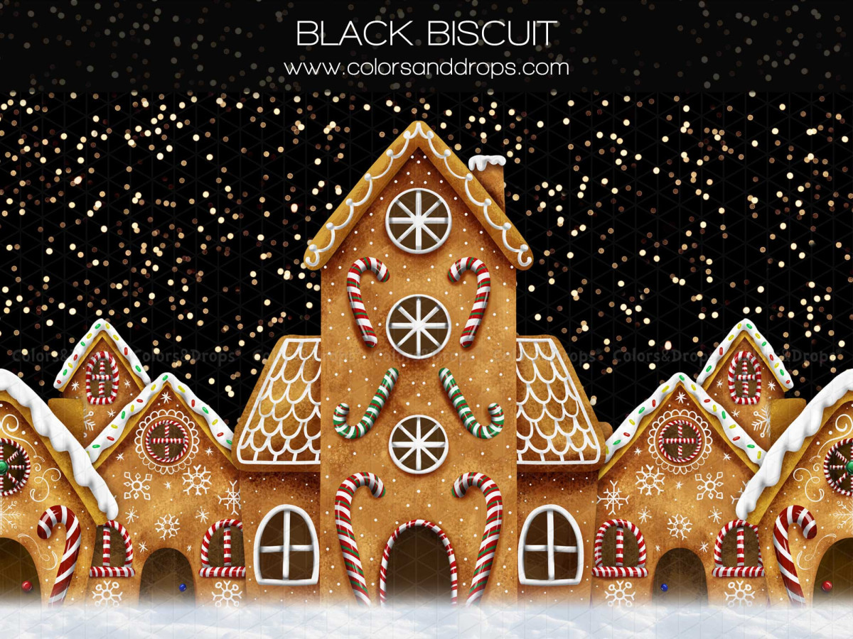 Fond photo de Noël Black Biscuit – maisons en pain d'épices sous la neige la nuit | Colors&Drops