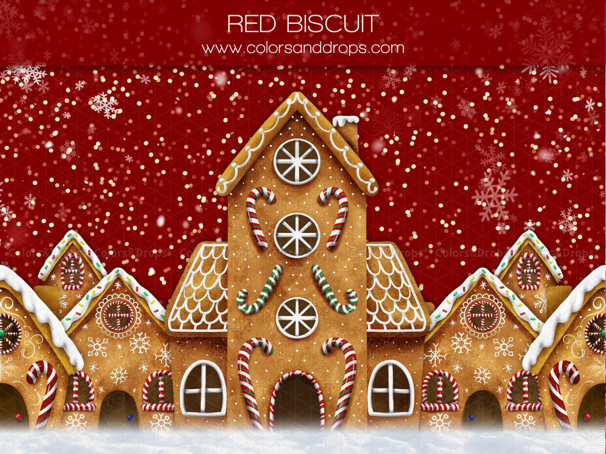 Fond photo de Noël Red Biscuit – maisons en pain d'épices sur fond rouge enneigé | Colors&Drops