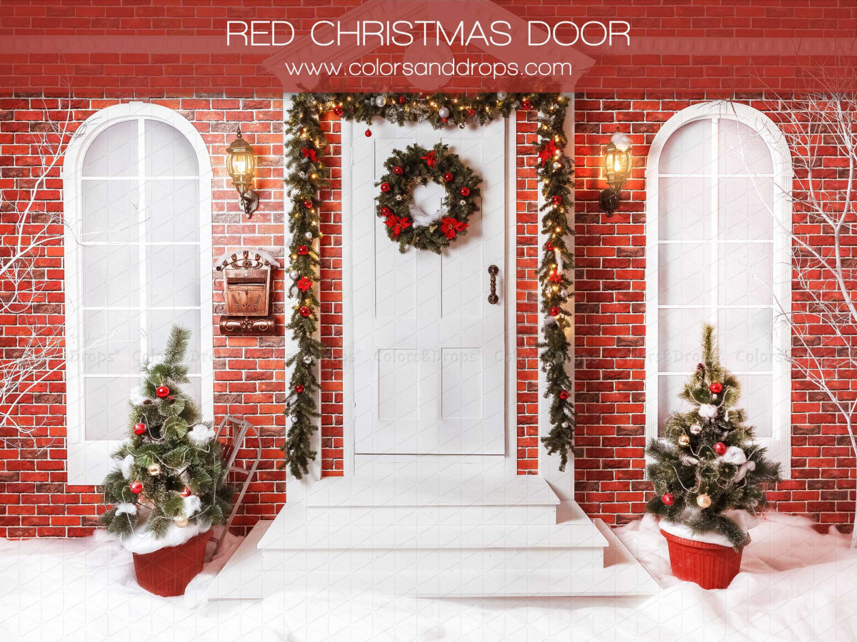 Photo backdrop Red Christmas Door – white Christmas door on red brick facade | Colors&Drops