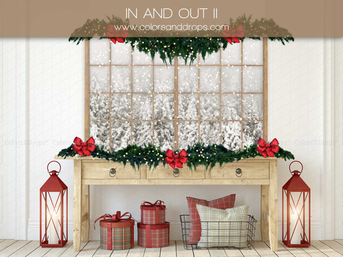 Christmas photo backdrop In and Out II – console under snowy window with red lanterns | Colors&Drops