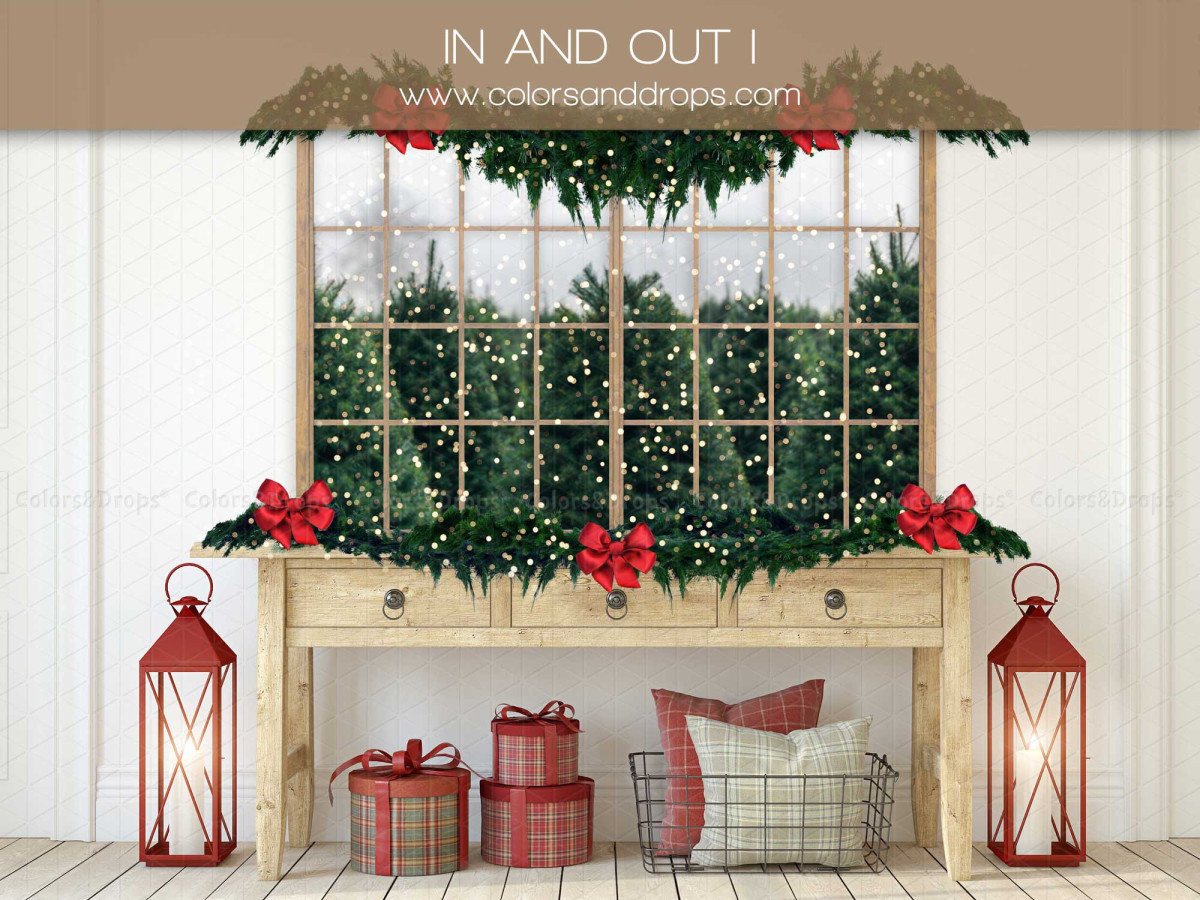 Christmas photo backdrop In and Out I – console under window with fir trees, lanterns and gifts | Colors&Drops