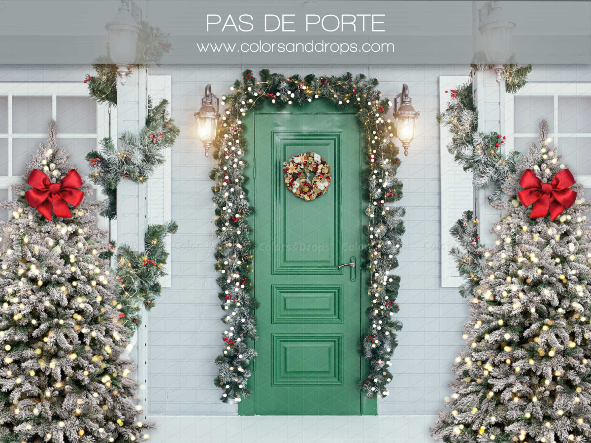 Christmas photo backdrop Pas de Porte – green Christmas door with garland and snowy fir trees | Colors&Drops