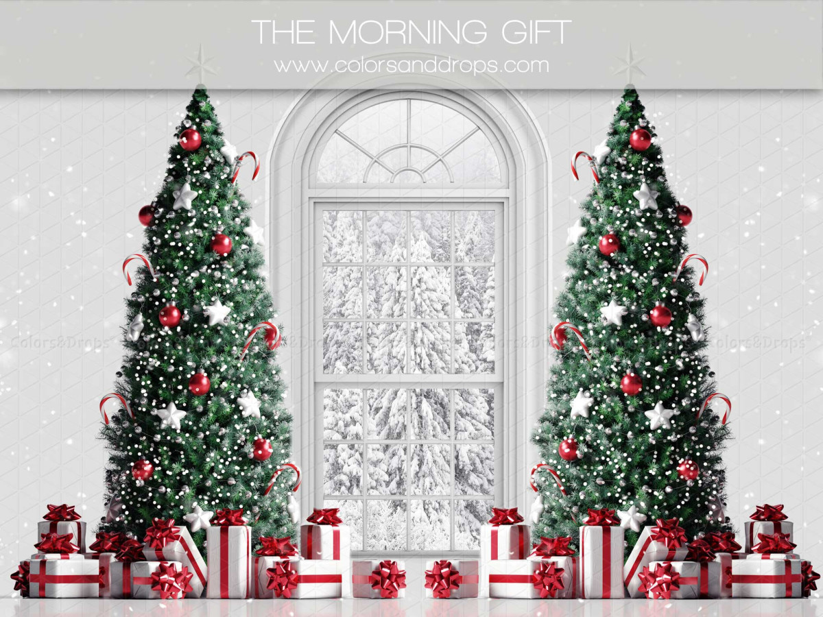 Christmas photo backdrop The Morning Gift – snowy arched window with fir trees and gifts | Colors&Drops