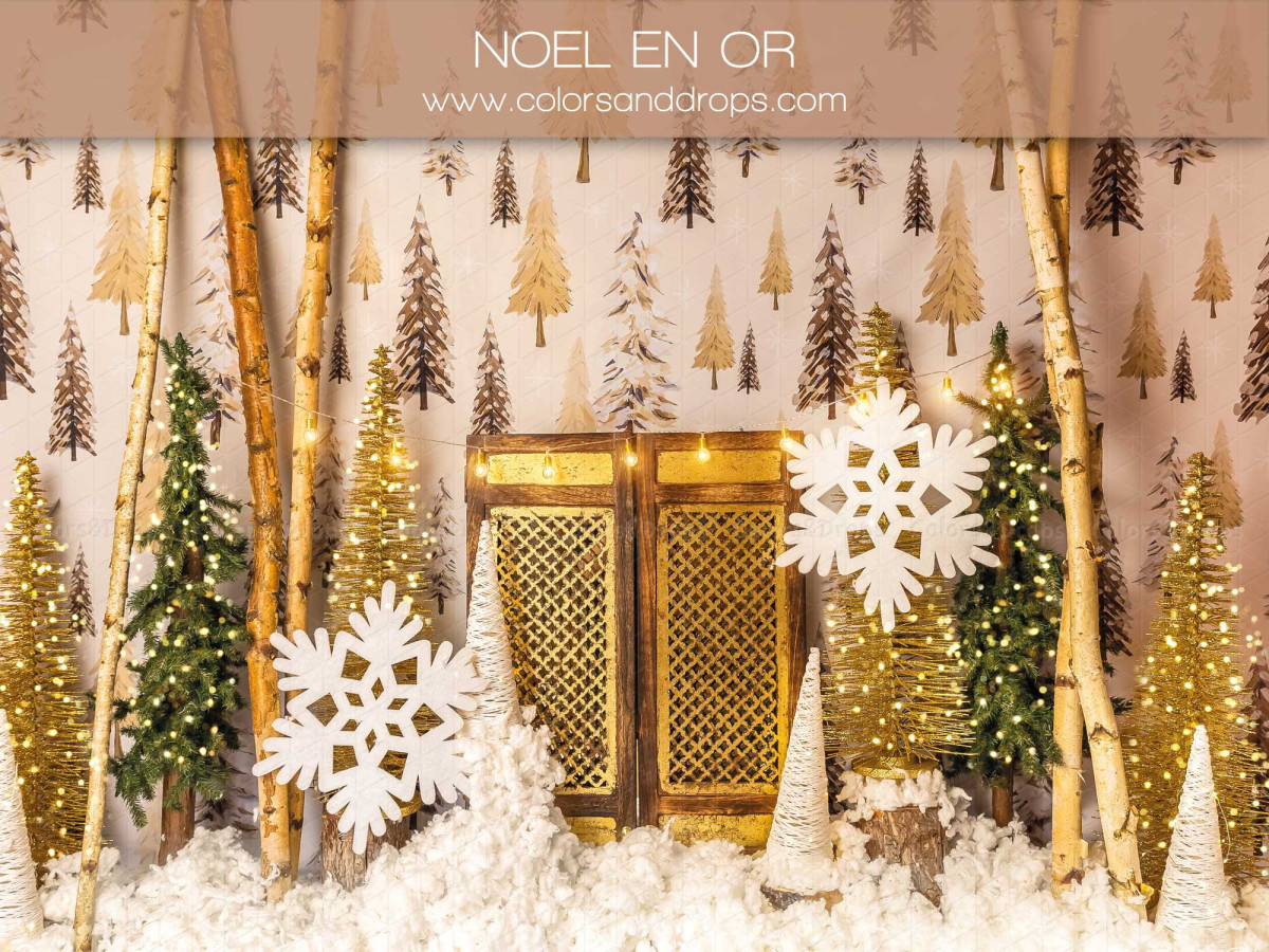 Photo backdrop Noel en Or – gold birch forest with door and snowflakes | Colors&Drops