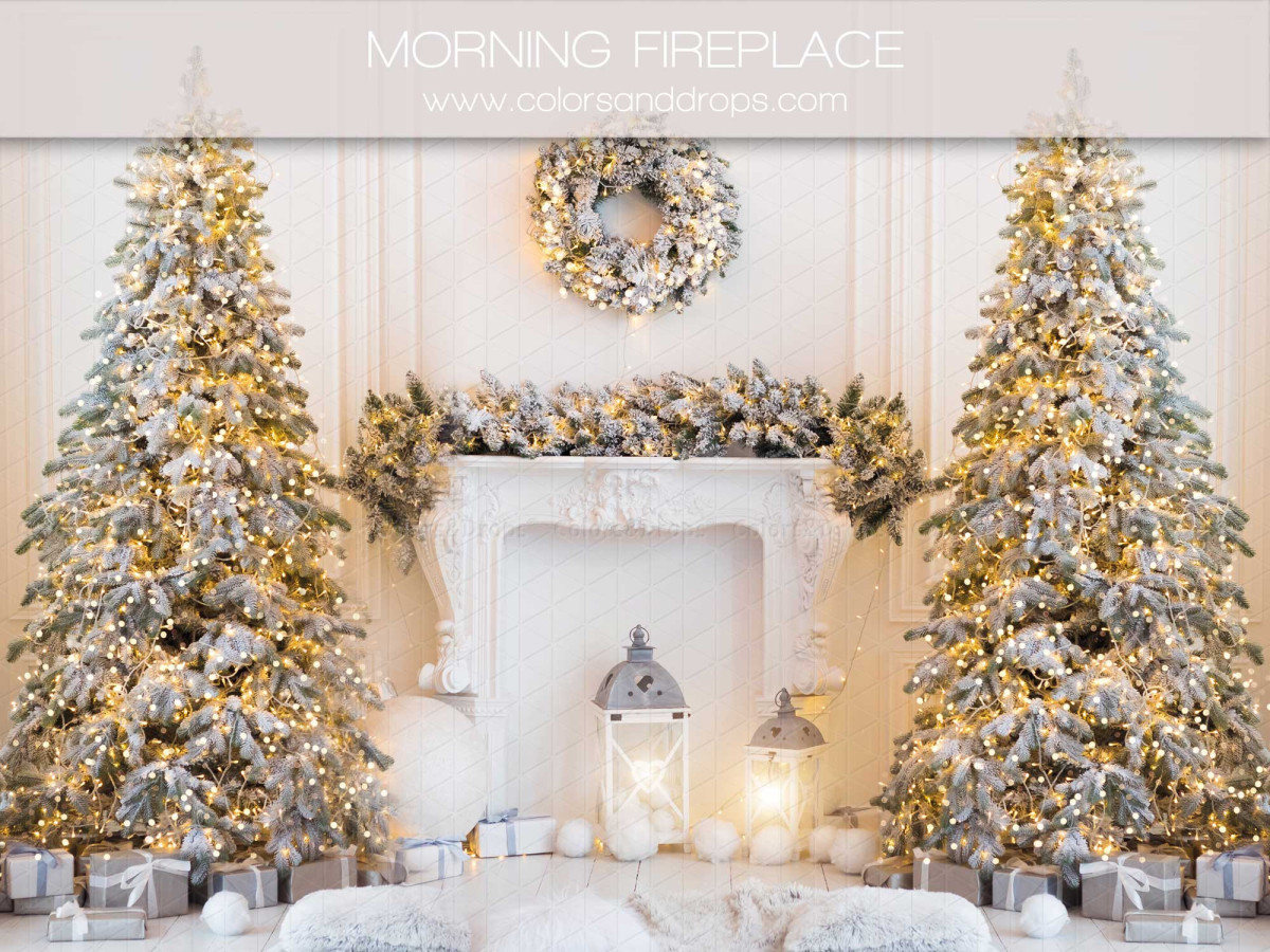 Christmas photo backdrop Morning Fireplace – white fireplace with wreath and snowy fir trees | Colors&Drops