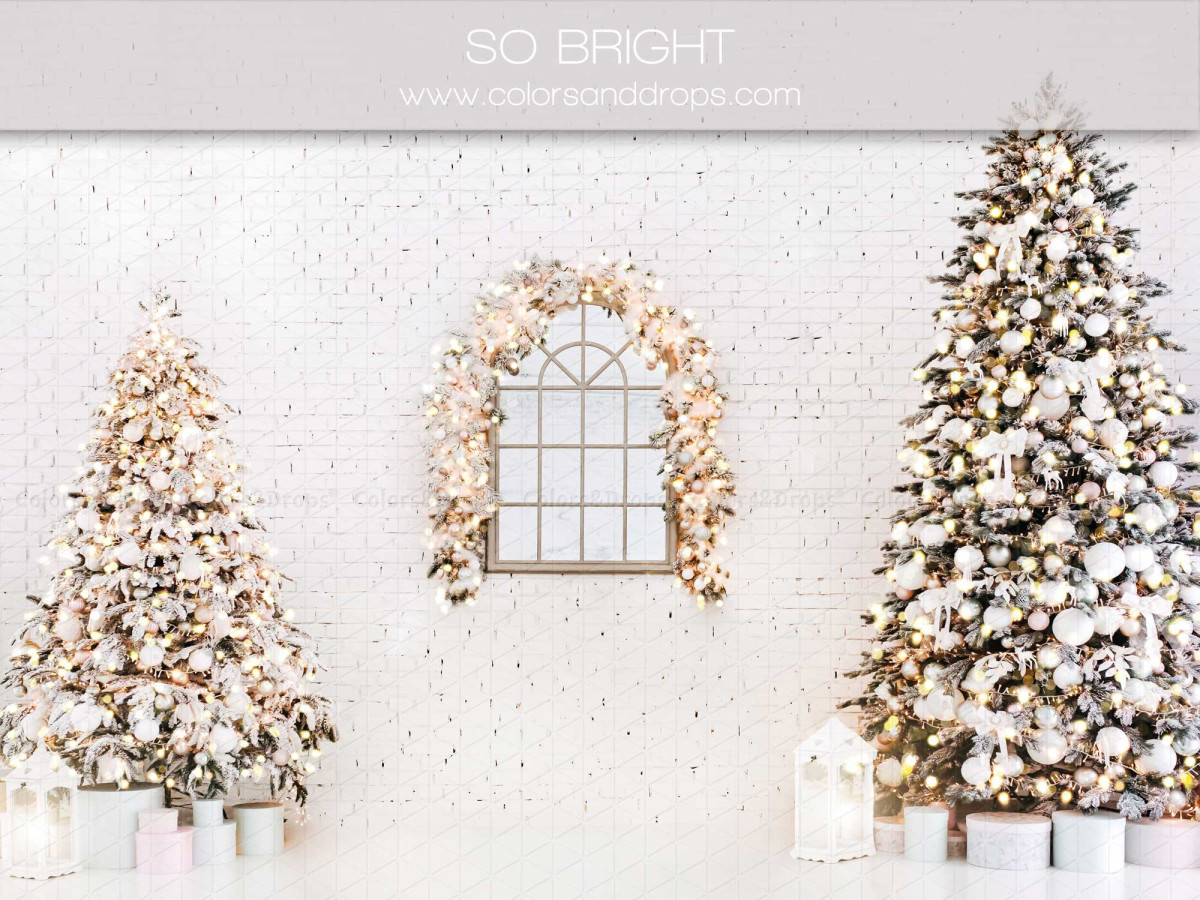 Christmas photo backdrop So Bright – white brick wall with window and lit fir trees | Colors&Drops