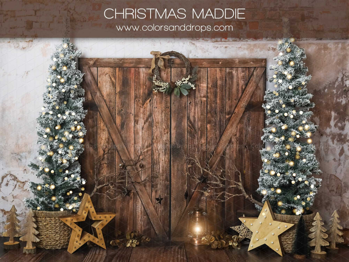 Fondo fotográfico Christmas Maddie – puerta de granero de madera con abetos y estrellas doradas | Colors&Drops