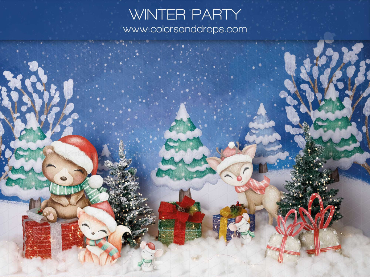 Fondo fotográfico de bebé y smash cake Winter Party – bosque navideño ilustrado con ositos y regalos | Colors&Drops