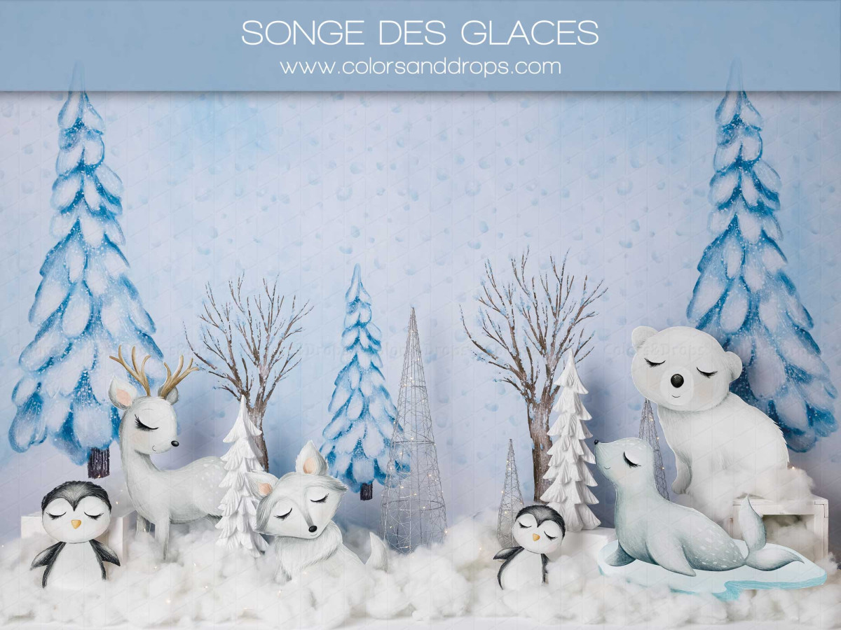 Fondo fotográfico de bebé y smash cake Songe des Glaces – bosque helado con osos polares, renos y pingüinos | Colors&Drops