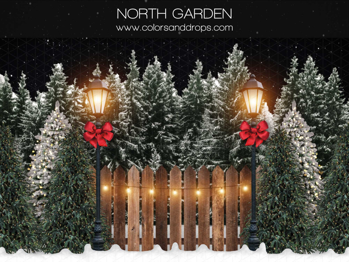 Fondo fotográfico de Navidad North Garden – valla de madera con farolas y abetos de noche | Colors&Drops