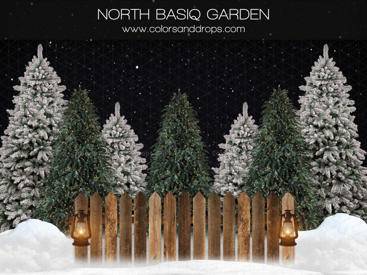 Fondo fotográfico de Navidad North Basiq Garden – valla de madera con faroles y abetos nevados | Colors&Drops