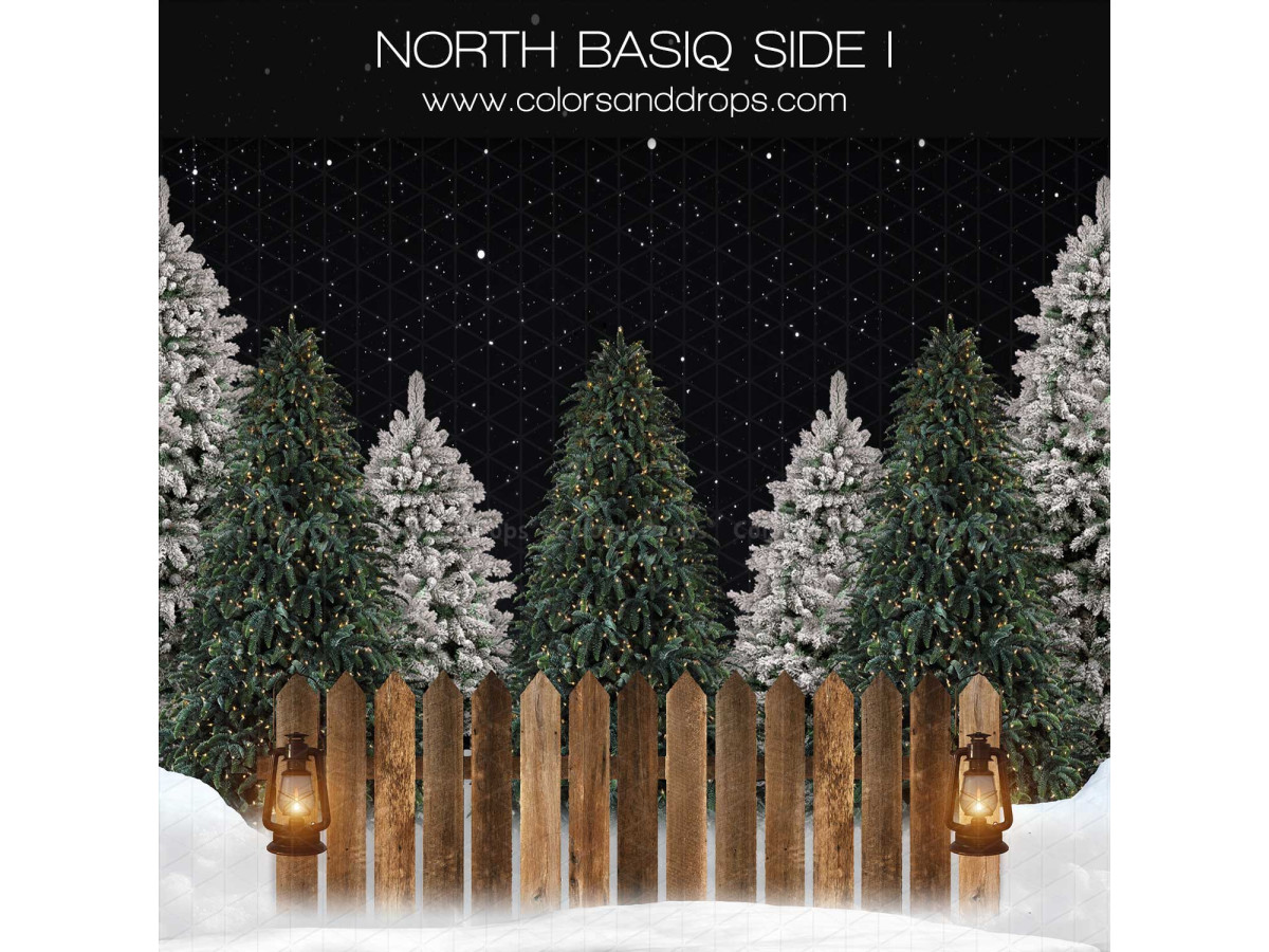 Christmas side photo backdrop North Basiq Side I – wooden fence and snowy fir trees under starry sky | Colors&Drops